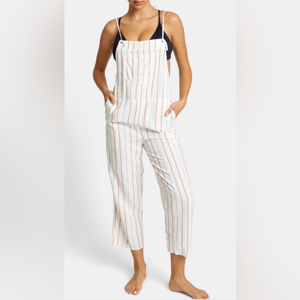 RVCA Zula Jumpsuit Overalls White Stripe Cover Up Sz M Casual Lightweight Beach